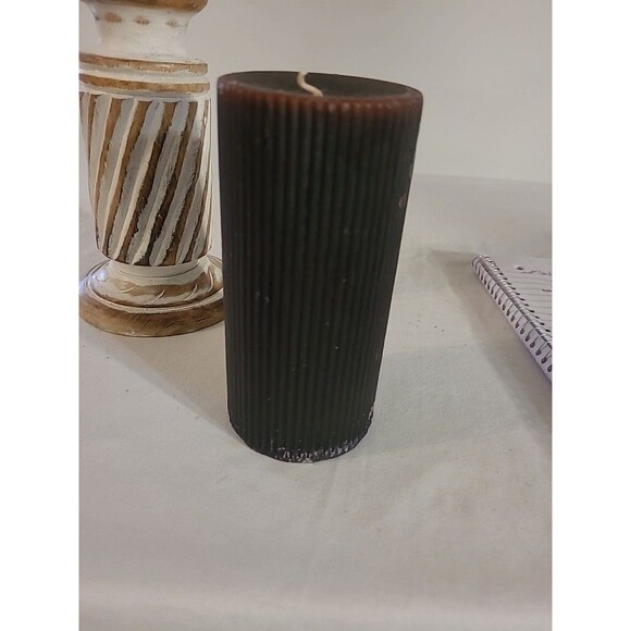 Mango Wood 9.5" Candle Holder With 6" Pillar Ribbed Candle - Picture 3 of 7